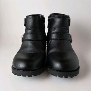Toddler Girls Black Moto Ankle Boots Side Zip Buckle Shoes Size 7